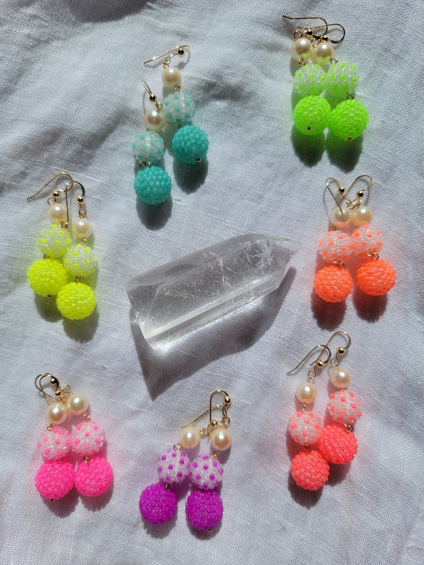 Neon Bead Ball and Pearl Drop Earrings