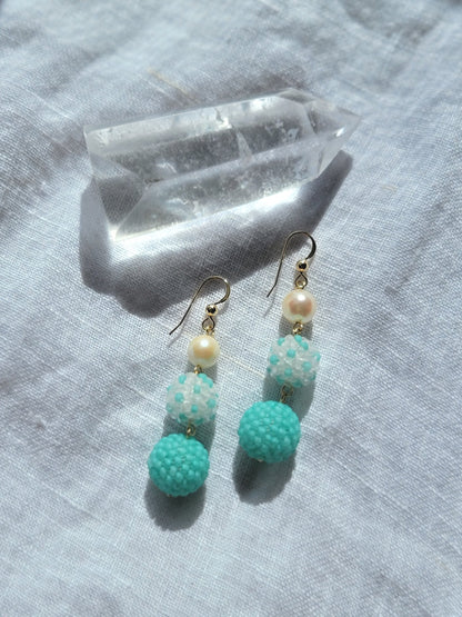 Neon Bead Ball and Pearl Drop Earrings