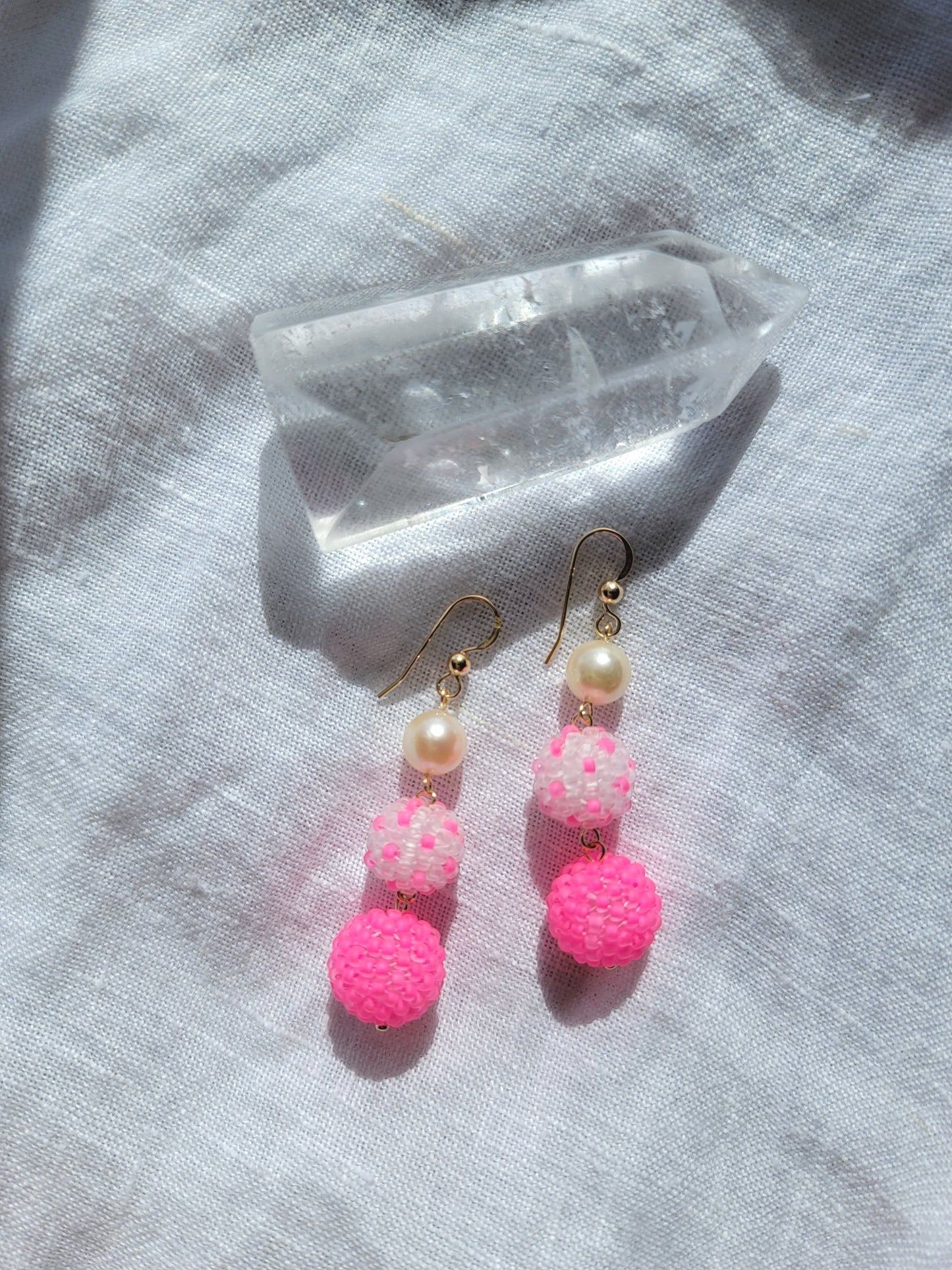 Neon Bead Ball and Pearl Drop Earrings