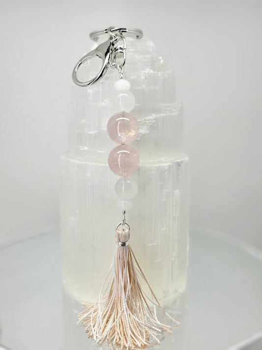 Rose Quartz & White Jade Keychain with Silk Tassel