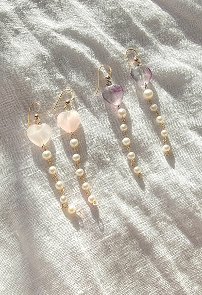 Heart Shaped Gemstone And Pearls Drop Earrings