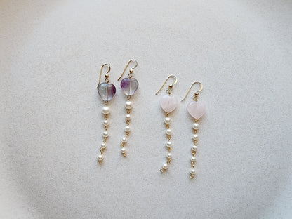 Heart Shaped Gemstone And Pearls Drop Earrings