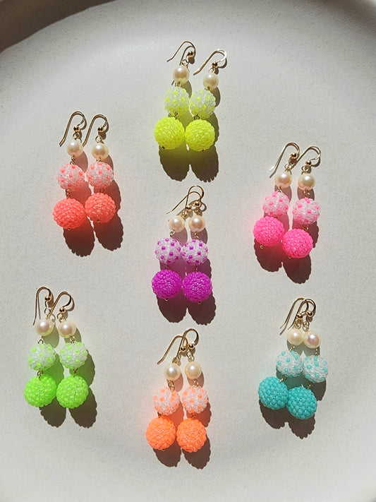 Neon Bead Ball and Pearl Drop Earrings