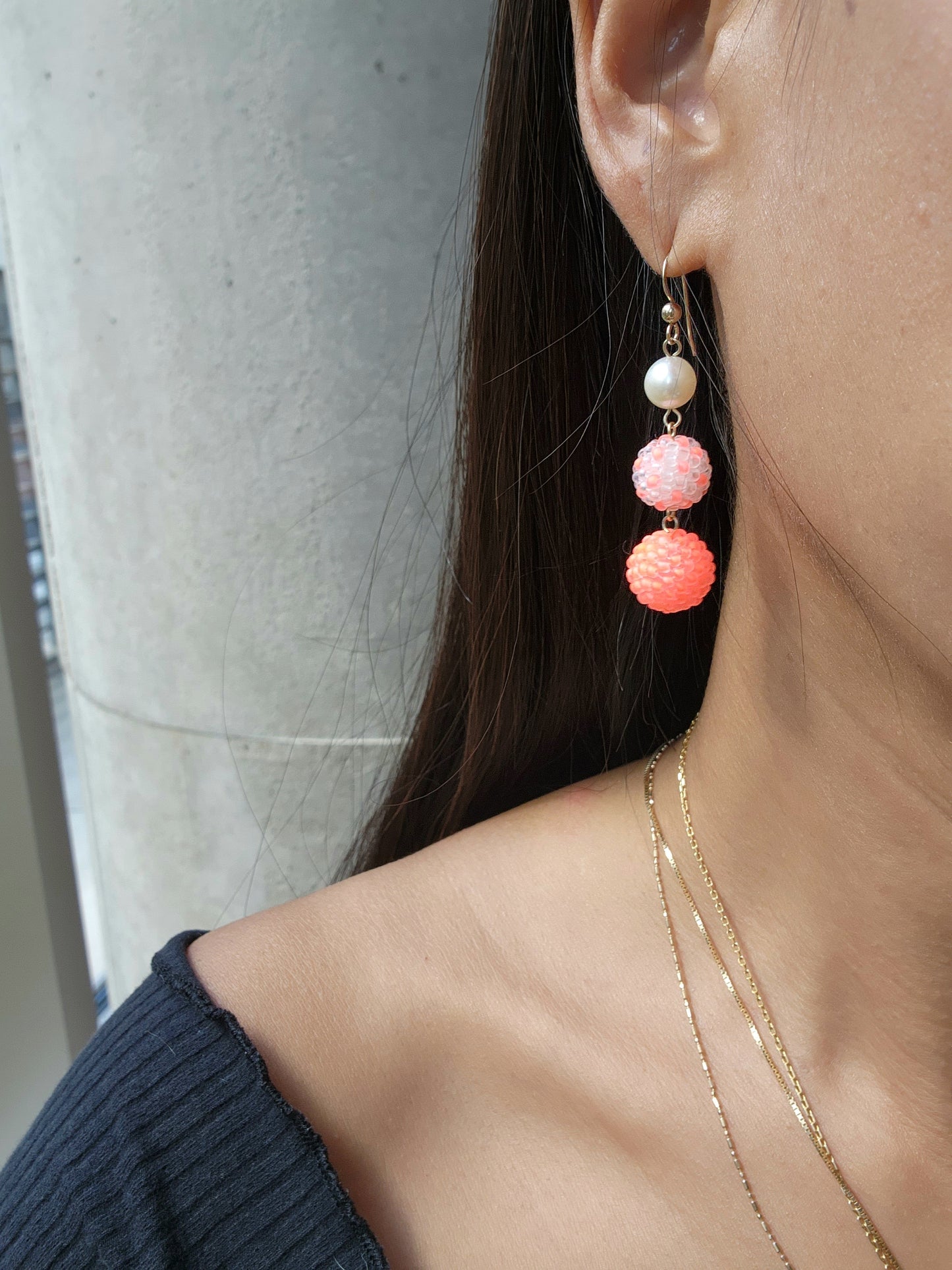 Neon Bead Ball and Pearl Drop Earrings